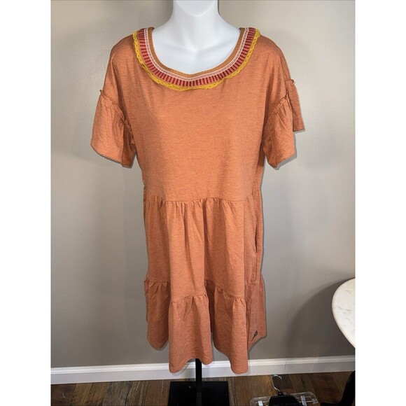 NEW MATILDA JANE Dress Women’s Size M Orange Tiered Embroidery Pockets Knee - Picture 1 of 7
